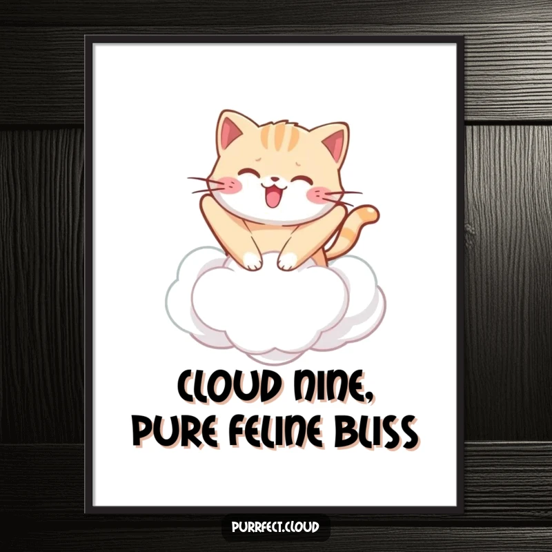 Funny Free Printable Wall Art: an adorable kawaii cat happily bouncing on a soft, fluffy white cloud, pure joy.