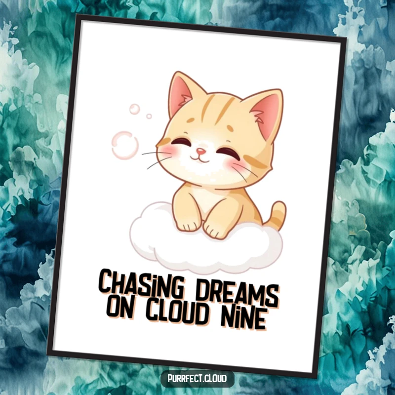 Funny Free Printable Wall Art: A whimsical cat sits on a cloud, playfully trying to catch a gentle breeze.