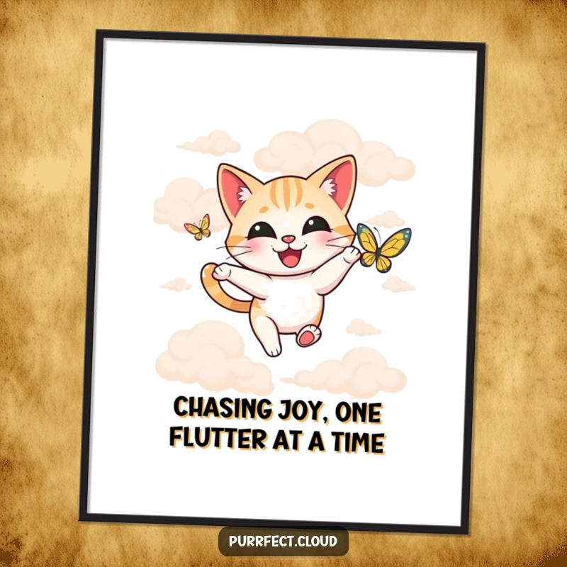 Funny Free Printable Wall Art: A cheerful cat chases a vibrant butterfly through a serene landscape of soft, billowy clouds.