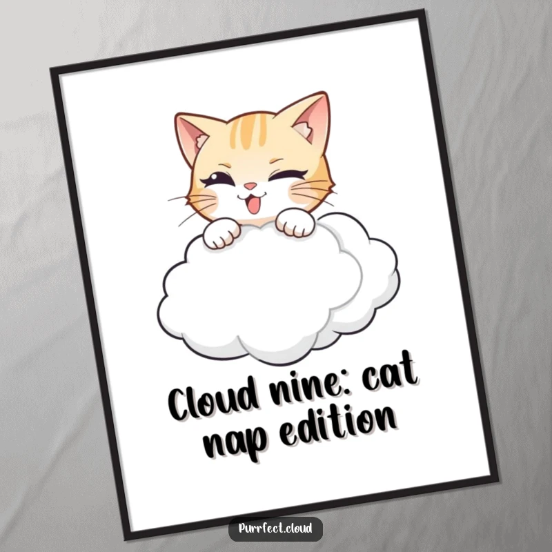 Funny Free Printable Wall Art: A mischievous cat character leaping playfully onto a soft, drifting cloud.