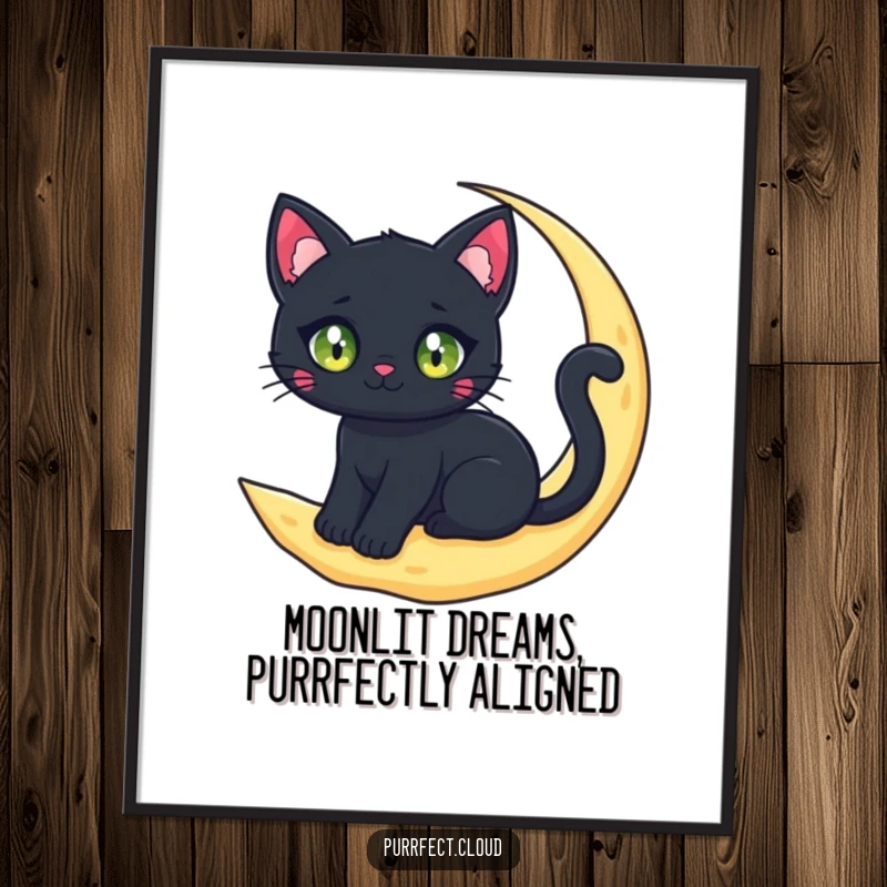 Funny free printable wall art depicting a black cat with sparkling eyes sitting serenely on a crescent moon cloud.