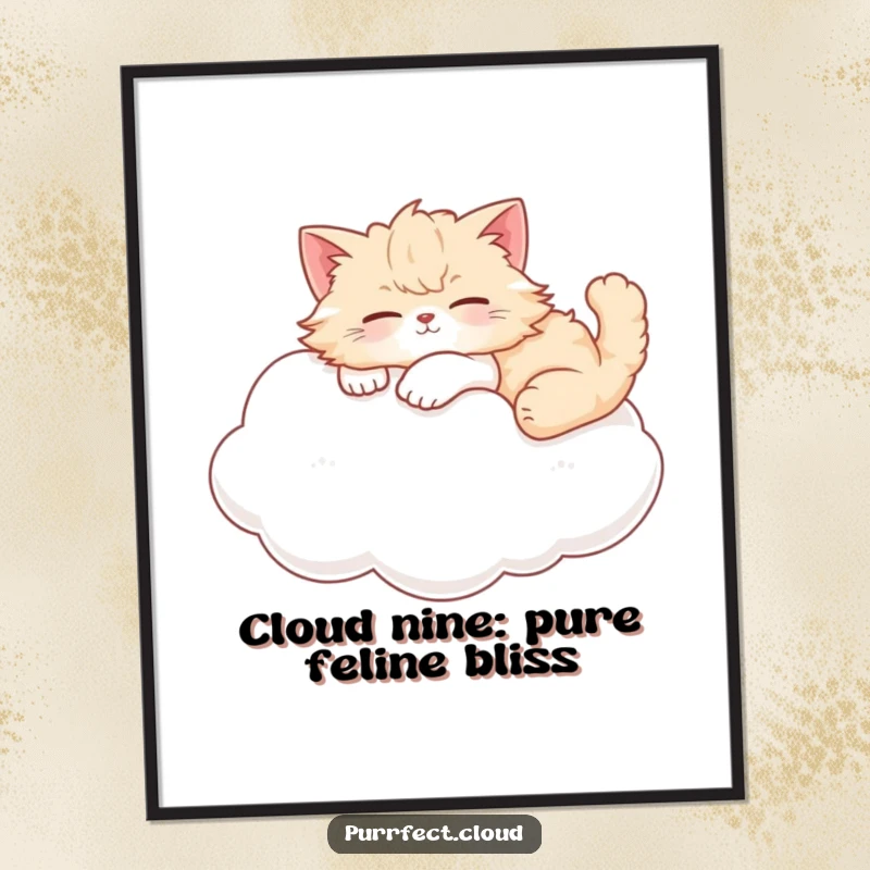 Funny Free Printable Wall Art: A fluffy cat lounging peacefully on a soft, ethereal white cloud.