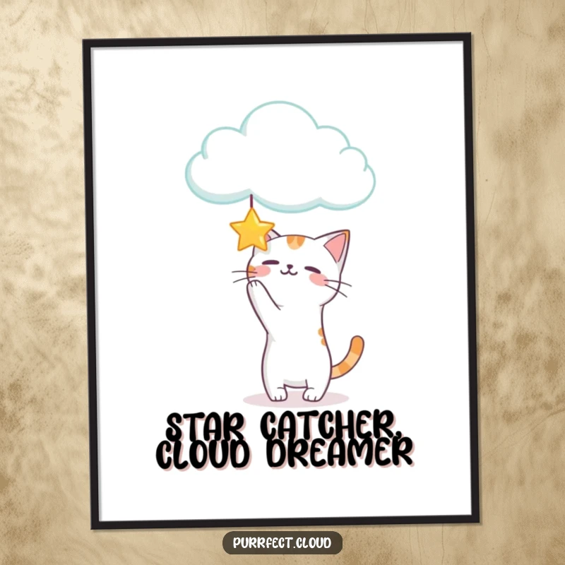 Funny Free Printable Wall Art featuring a playful cat character joyfully batting at a dangling star from a cloud, full of whimsical fun.