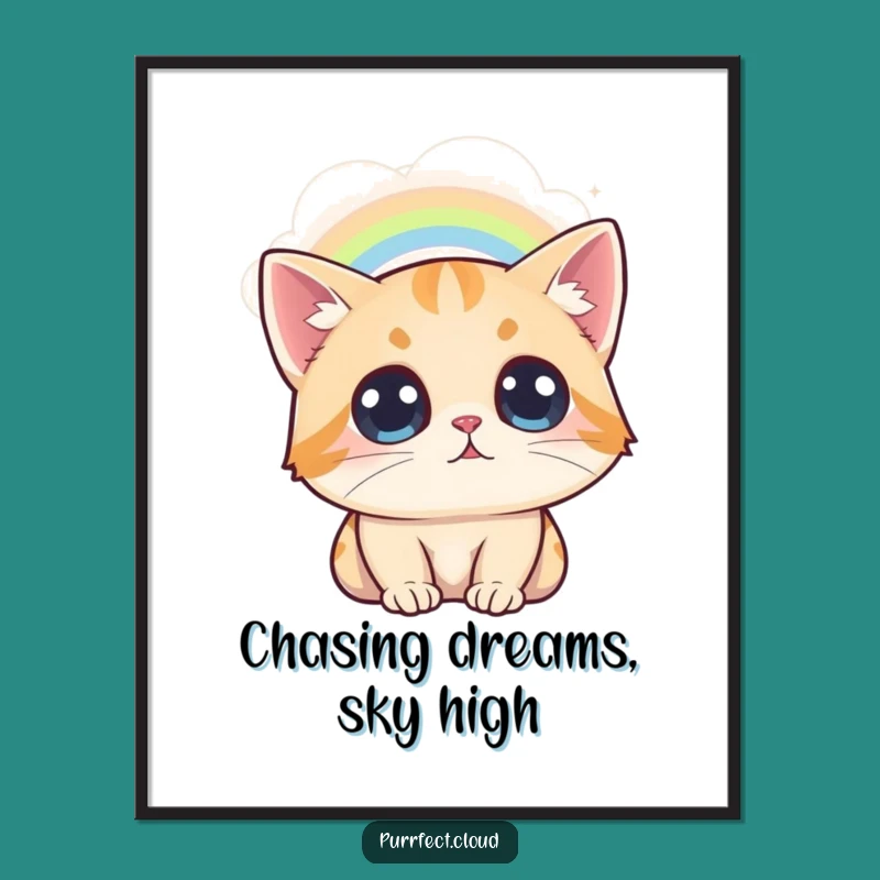 Free Printable Wide-Eyed Cat Art: Rainbow Cloud Wonder Downloadable Decor