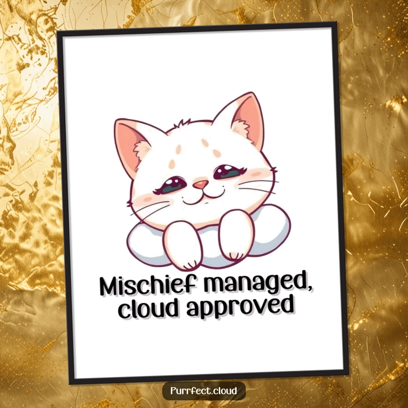 Funny Free Printable Cat Wall Art: a cat perched on a cloud, looking down with a perfectly mischievous and knowing grin.