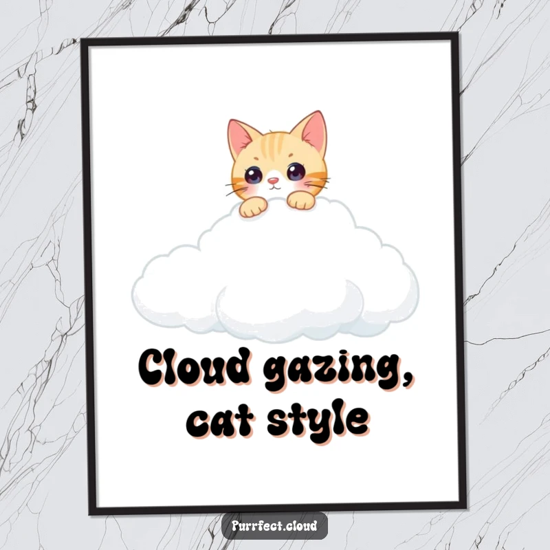Funny Free Printable Wall Art of a curious cat peeking over the edge of a cumulus cloud, looking out.