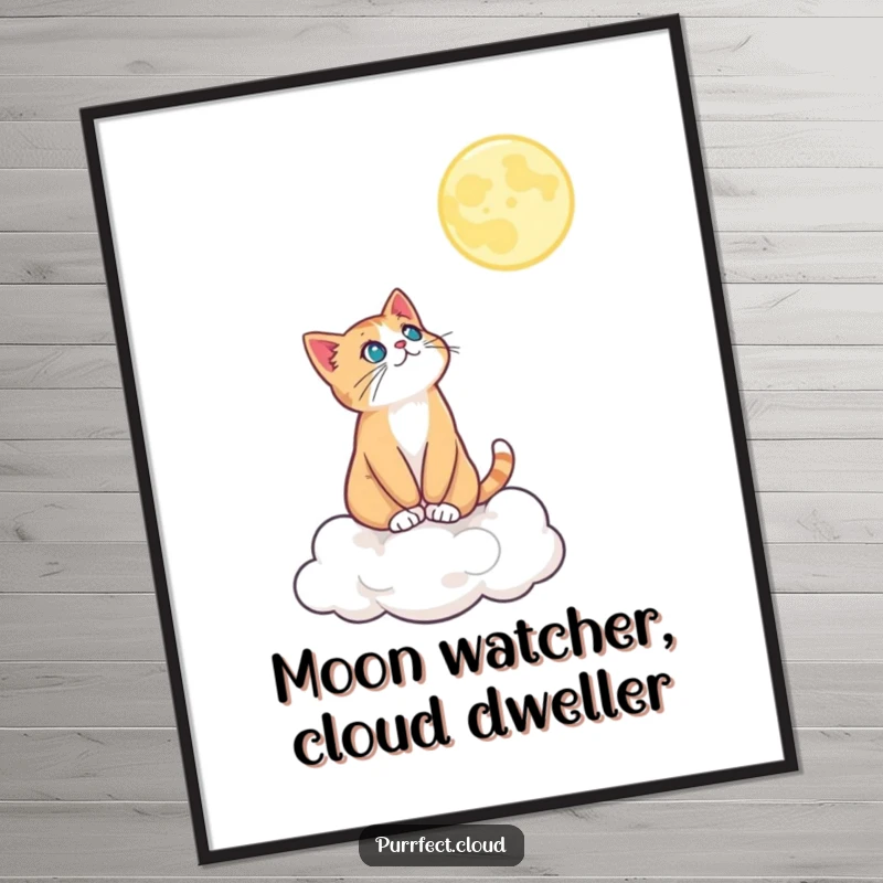 Funny Free Printable Wall Art: A solitary cat sits on a soft cloud, looking up with fascination at a majestic moon.