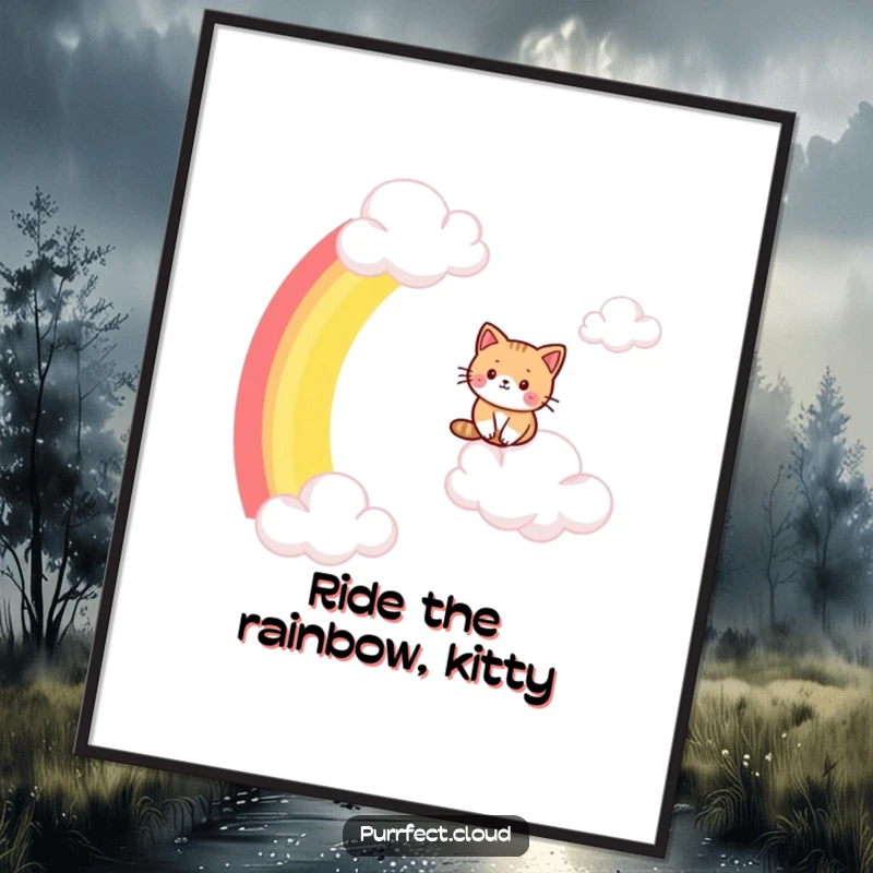 Funny Free Printable Wall Art of a cat confidently sliding down a colorful rainbow arc that connects two fluffy clouds.
