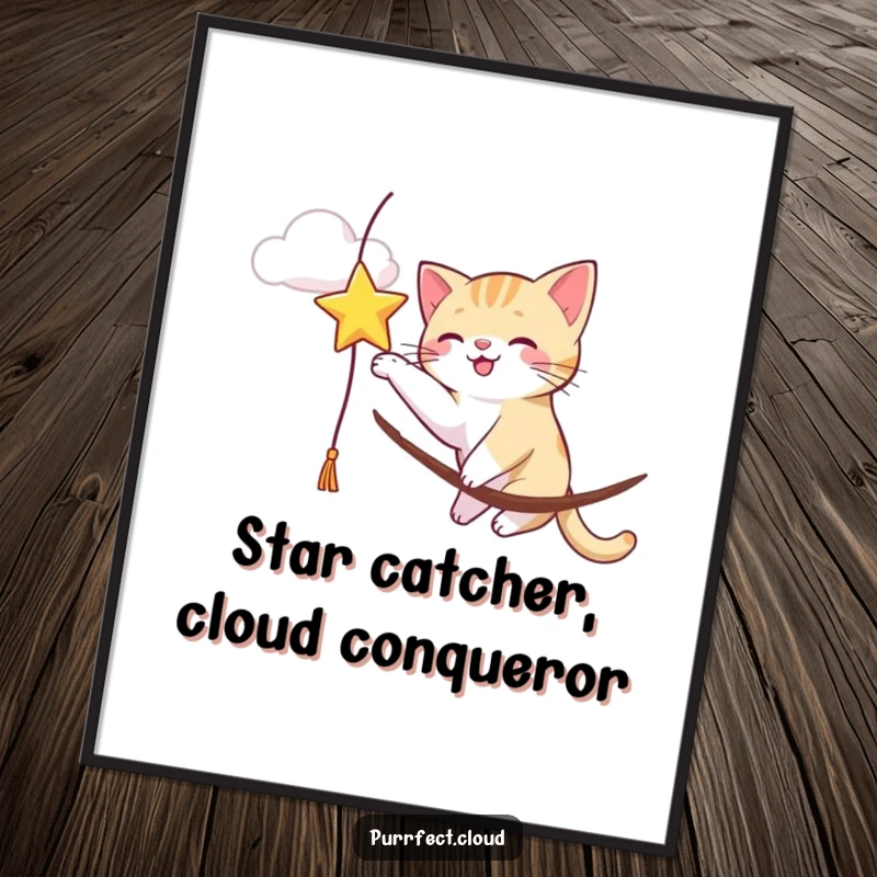 Funny free printable wall art: A playful cat bats enthusiastically at a bright, dangling star from a cloud perch.