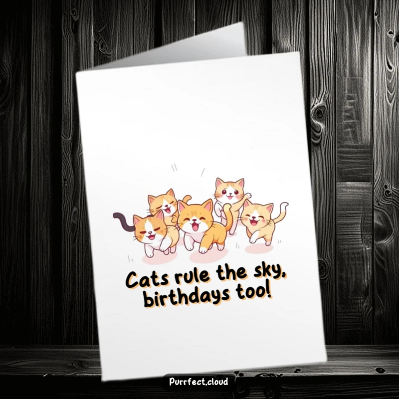 Funny Free Printable Birthday Card: Playful cats zoom across clouds, full of chaotic birthday energy, perfect for cat lovers.