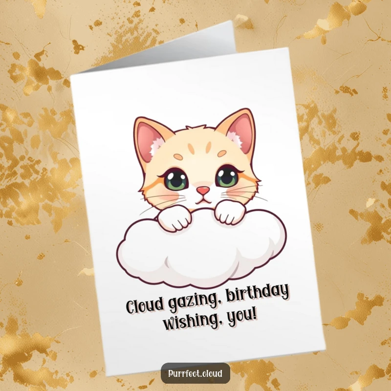 Funny Free Printable Birthday Card: A cat with a curious look peeks over a cloud edge, ready for birthday fun.