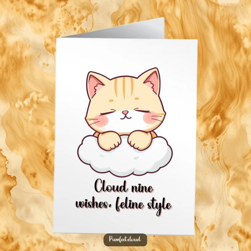 Funny Free Printable Birthday Card: A dreamy cat with closed eyes purrs blissfully on a fluffy cloud, spreading birthday cheer.
