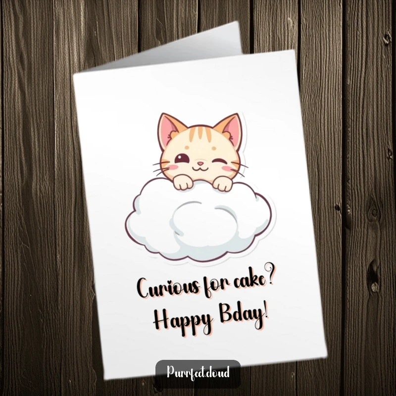 Funny Free Printable Birthday Card: A curious cat peeking over a fluffy cloud edge, with eyes full of wonder.