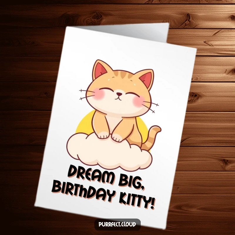 Funny Free Printable Birthday Card: A cat blissfully dreams on a vibrant sunset cloud, a whimsical and hilarious downloadable gift.