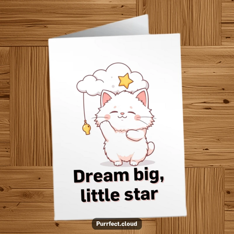 Funny Free Printable Birthday Card: Fluffy cat playfully bats at a twinkling star hanging from a cloud.