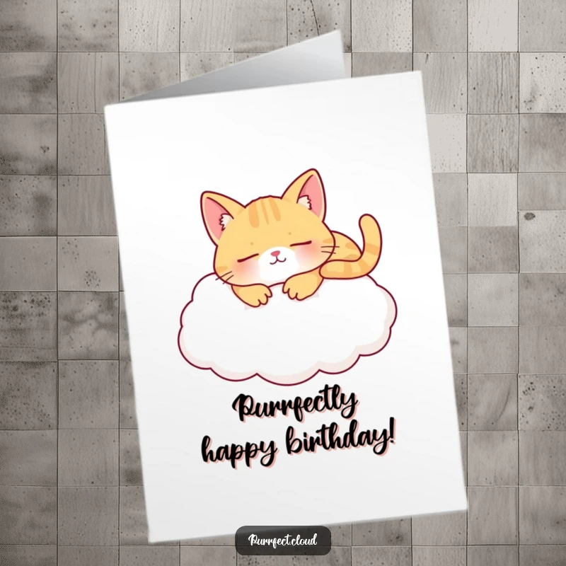 Funny Free Printable Birthday Card featuring a content cat peacefully napping on a soft, fluffy white cloud.