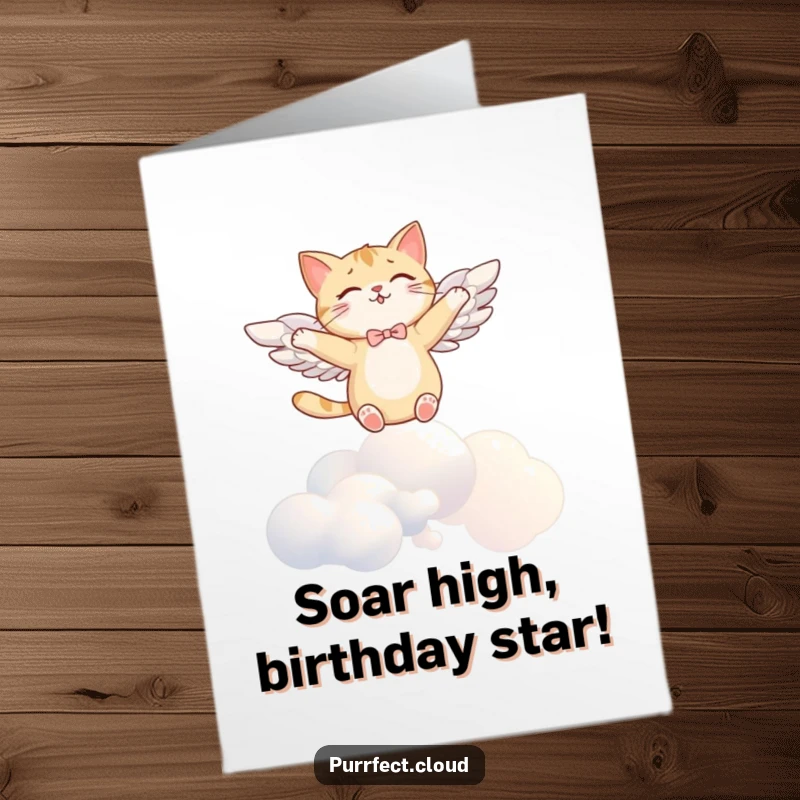 Funny Free Printable Birthday Card: A joyful cat with wings soars gracefully above clouds, spreading birthday cheer.