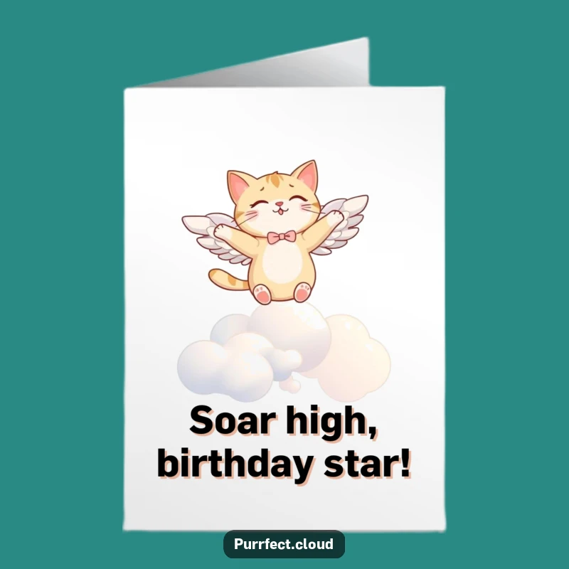 Free Printable Birthday Card: Angelic Cat Soaring Funny Downloadable Gift