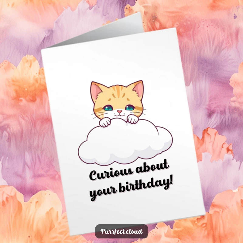 Funny Free Printable Birthday Card featuring a curious cat peeking over a cloud edge, looking down with wide eyes.