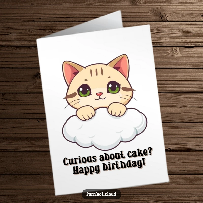 Funny Free Printable Birthday Card: a cat peeks curiously over a cloud, with wide eyes exploring the sky.