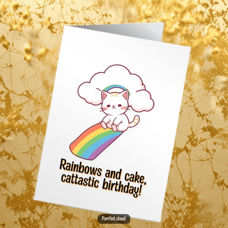 Funny Free Printable Birthday Card featuring a cat sliding down a vibrant rainbow from a fluffy cloud, pure joy in every download.