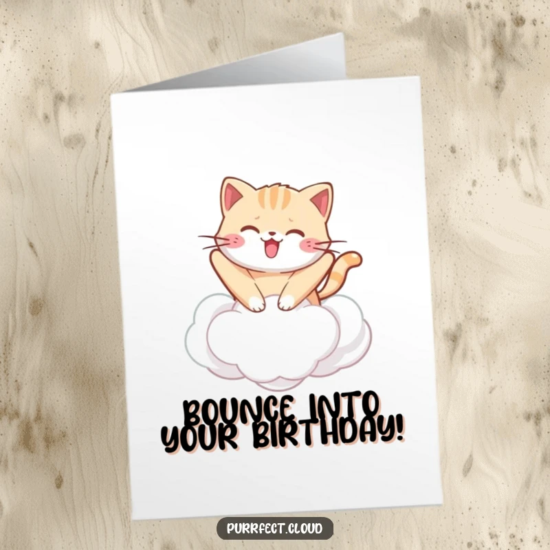 Funny Free Printable Birthday Card: a cute kawaii cat happily bouncing with joy on a soft, fluffy white cloud.