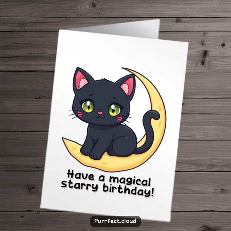 Funny free printable birthday card featuring a black cat with sparkling eyes sitting on a crescent moon cloud.