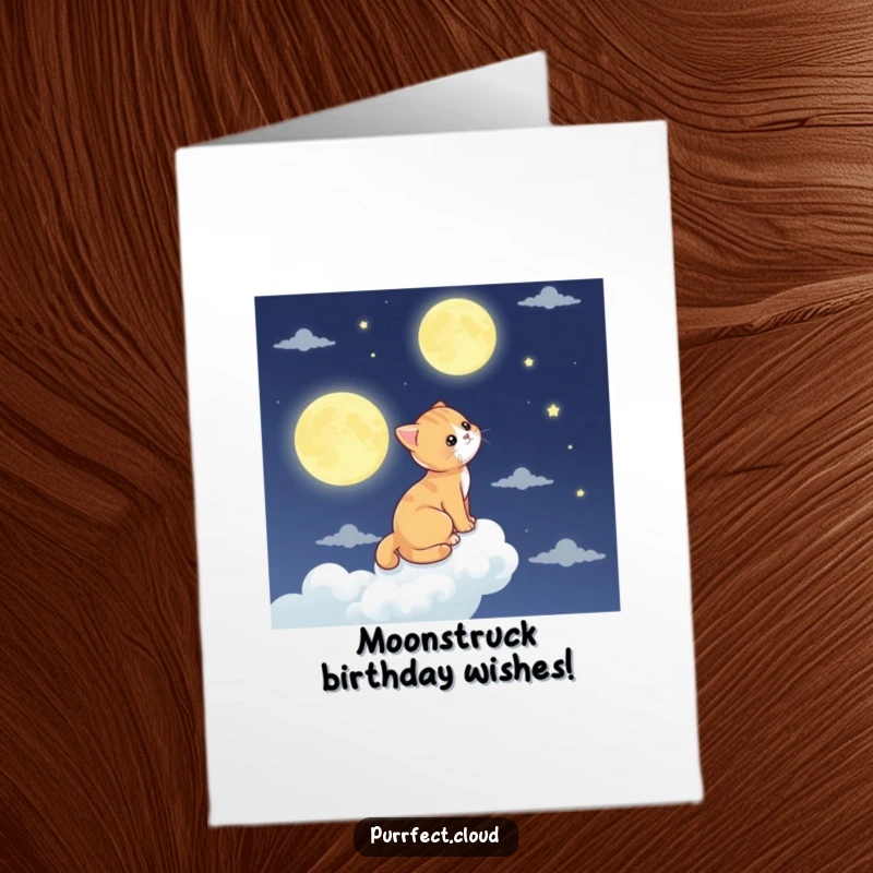 Funny Free Printable Birthday Card: A cat contemplates the moon from a cloud perch, a whimsical downloadable gift.