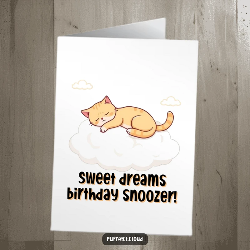 Funny Free Printable Birthday Card: Cat peacefully napping on a fluffy cumulus cloud, perfect for a birthday download.