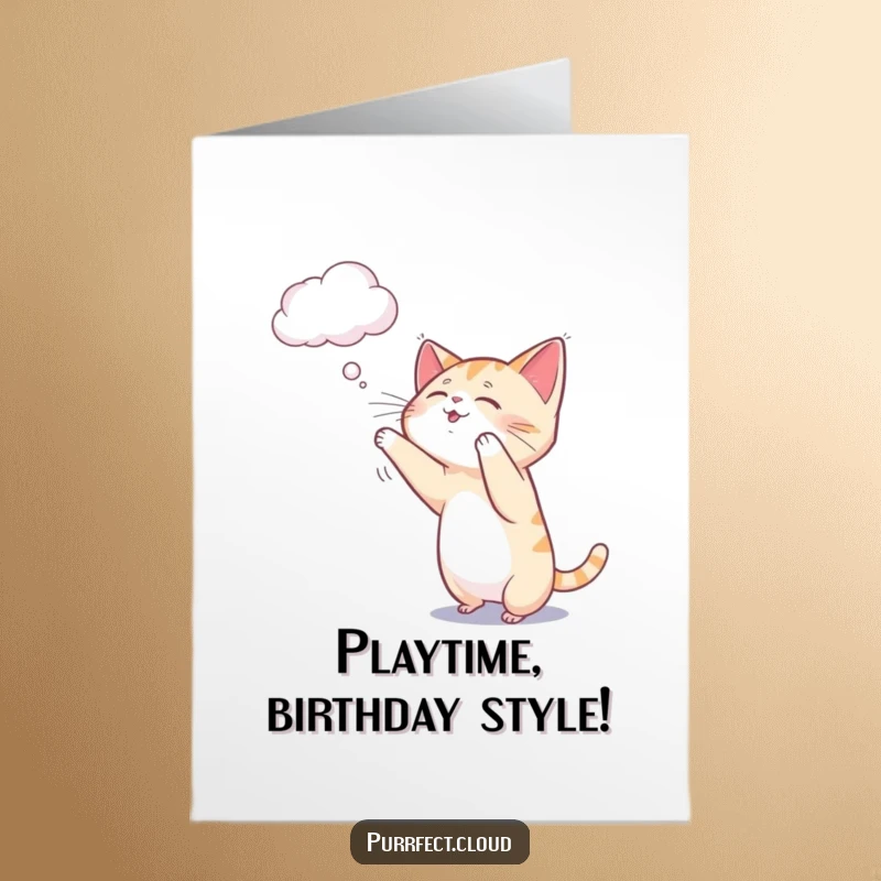 Funny Free Printable Birthday Card: A curious cat batting at a wispy cloud, full of playful energy.