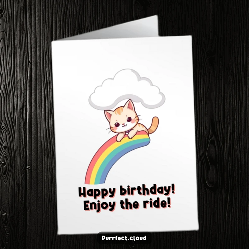 Funny Free Printable Birthday Card: A happy cat slides down a vibrant rainbow from a cloud, pure bliss.