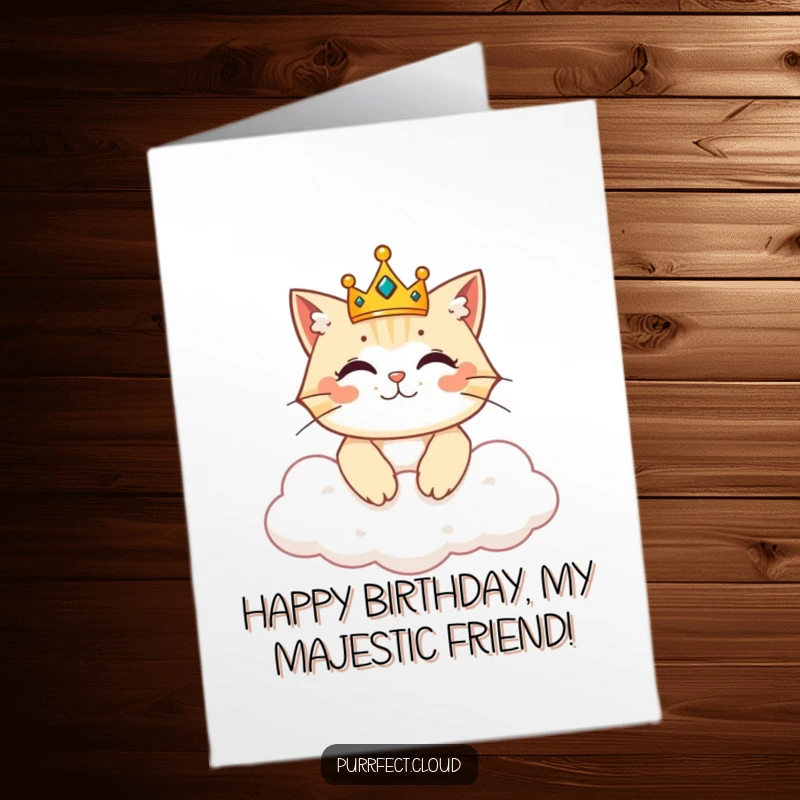 Funny Free Printable Birthday Card: A cat in a tiny crown rules regally from a fluffy cloud, pure majesty.