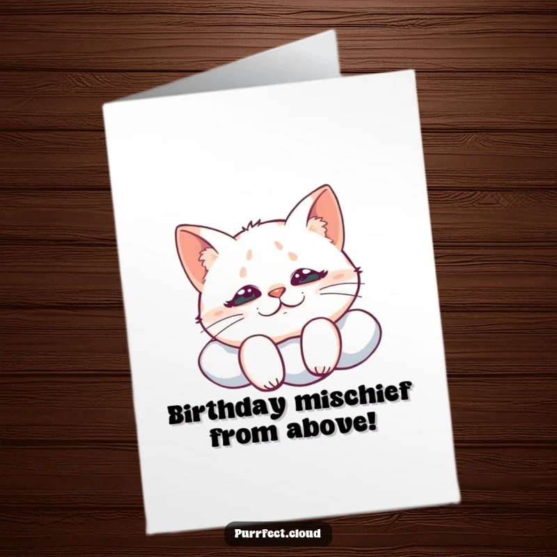 Funny Free Printable Birthday Card featuring a cat peeking down from a cloud with a mischievous grin, planning birthday fun.