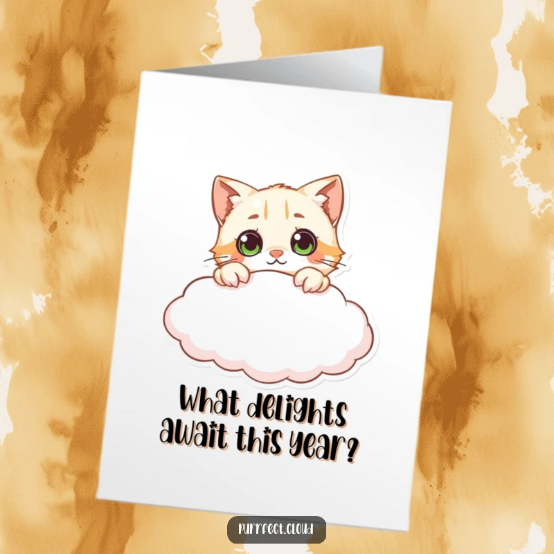Funny Free Printable Birthday Card: A curious cat character peeks over a cloud's edge with wide, wondering eyes.