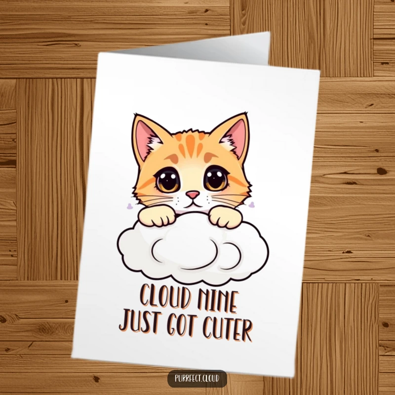 Funny Free Printable Birthday Card: Curious cat with wide eyes peeking over a fluffy cloud edge, ready to celebrate.