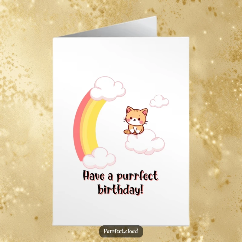 Funny Free Printable Birthday Card showing a cat joyfully sliding down a vibrant rainbow arc between two fluffy clouds.