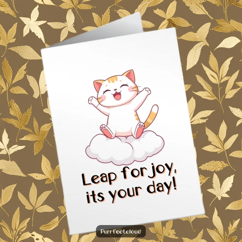 Funny Free Printable Birthday Card: A cat joyfully leaping from one fluffy cloud to another.