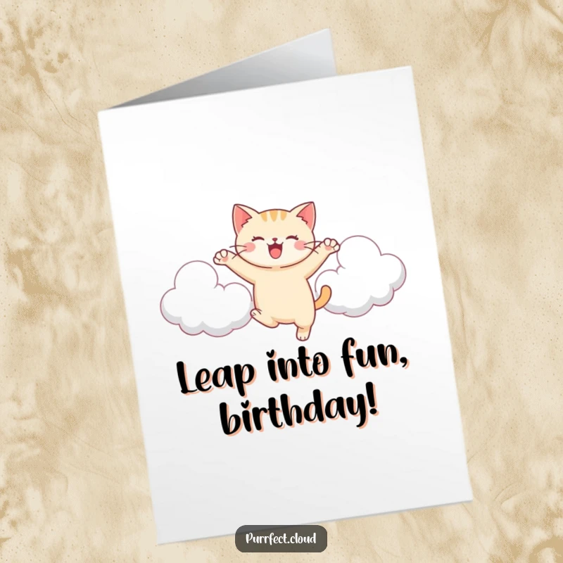 Free Printable birthday card: a cat leaping with pure joy and abandon between two soft, fluffy, floating clouds in the sky.