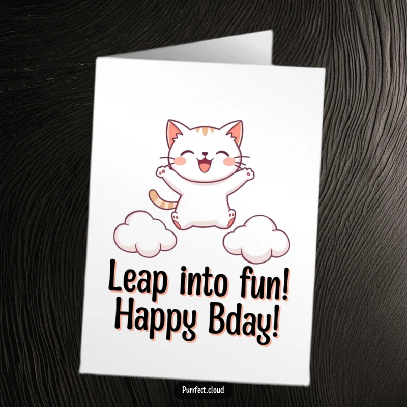 Funny Free Printable Birthday Card: A cat joyfully leaping between two soft, fluffy clouds in the sky.