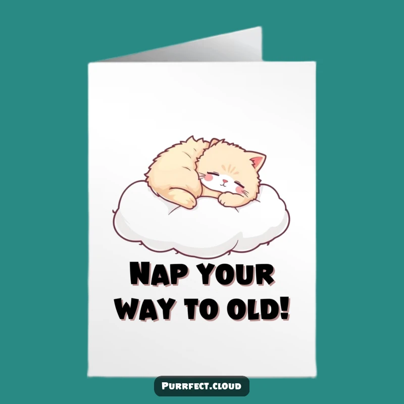 Free Printable Napping Cat Birthday Card: Peaceful Cloud Dreamy Downloadable Gift