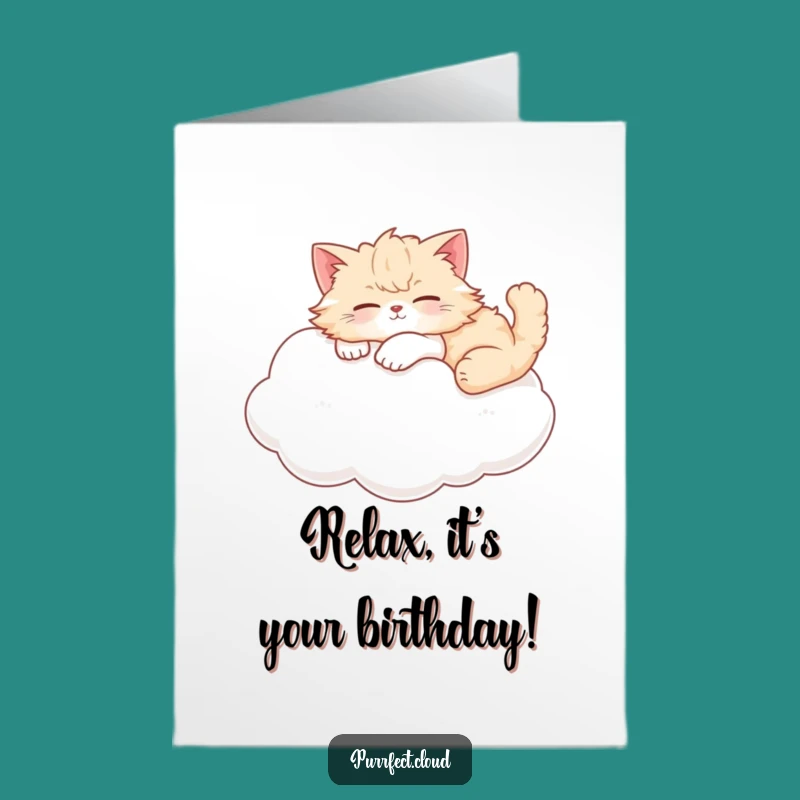 Free Printable Birthday Card: Peaceful Cat Cloud, Serene Funny Downloadable Gift
