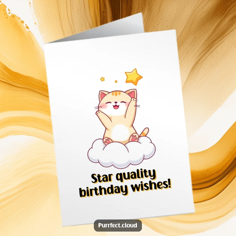 Funny Free Printable Birthday Card showing a playful cat batting at a twinkling star while perched on a cloud.