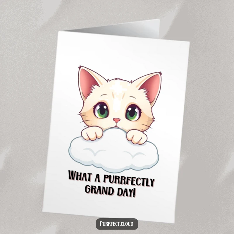 Funny Free Printable Birthday Card: A curious cat with wide eyes peering over the edge of a fluffy cloud.