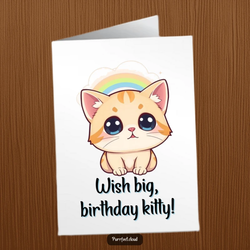 Free Printable birthday card: a curious cat with wide eyes, gazing in wonder at a vibrant rainbow from its cloudy perch.