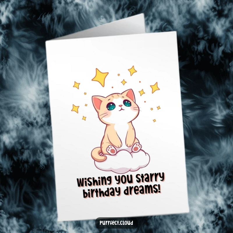 Funny Free Printable Birthday Card: Cat sitting on a cloud, looking up with wide, amazed eyes at a starry sky.
