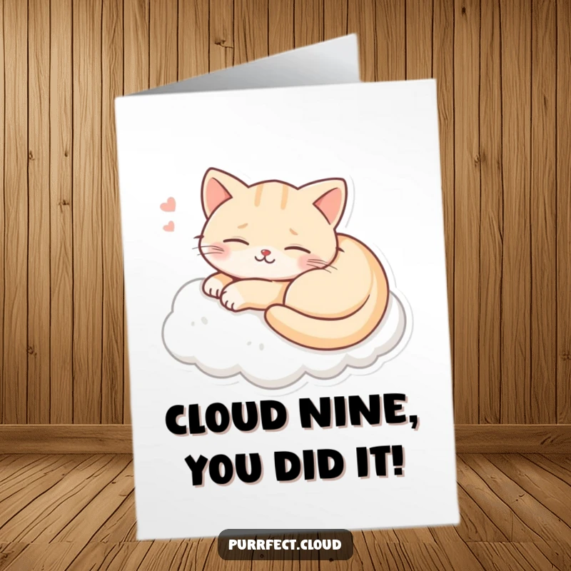 Funny Free Printable Congratulations Card showing a cat blissfully dreaming on a cloud with a happy smile.
