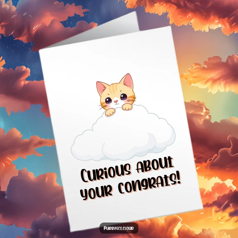 Funny Free Printable Congratulations Card showing a curious cat peering over a cloud's edge, exploring.