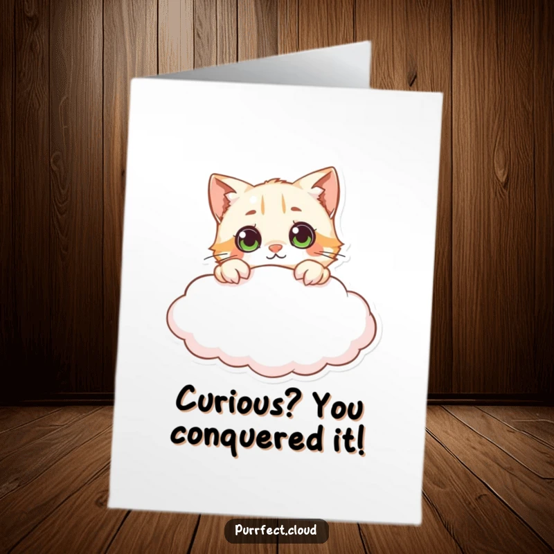 Funny Free Printable Congratulations Card featuring a curious cat character peering over a cloud edge with wide, observant eyes.