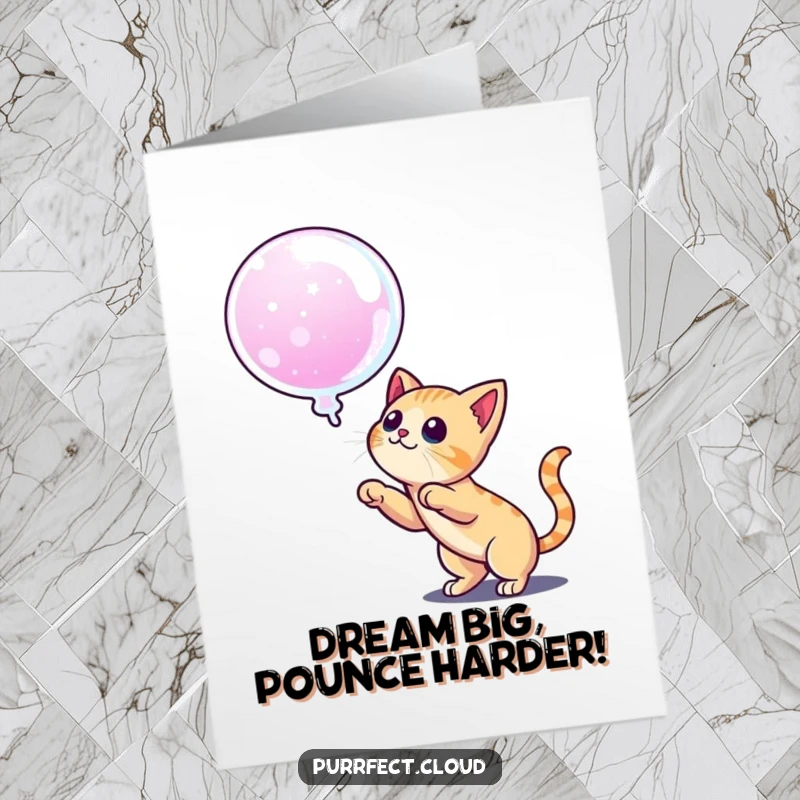 Funny Free Printable Congratulations Card: An agile cat is about to pounce on a floating dream bubble, symbolizing ambition.