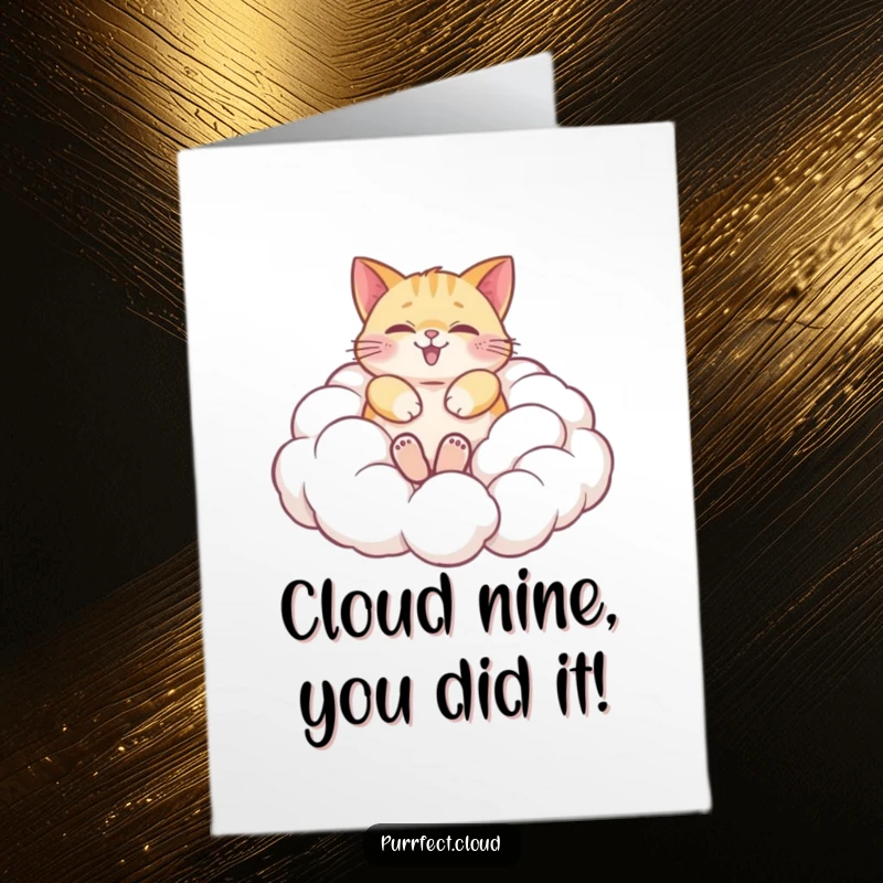 Funny Free Printable Congratulations Card showing a happy cat joyfully rolling in fluffy clouds, celebrating a sweet victory.